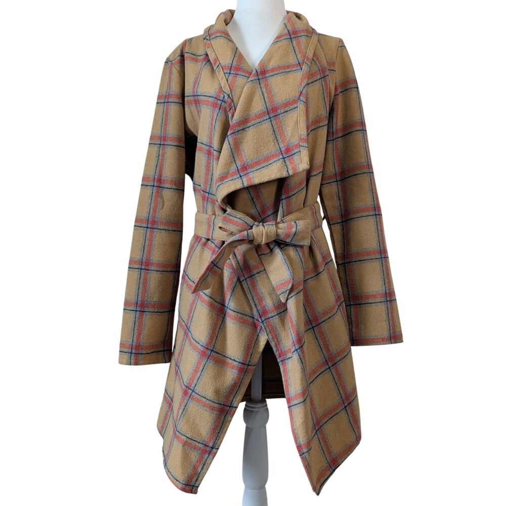 36 Point 5 Plaid Mustard Tan Lightweight Unlined Asymmetrical Coat Size Medium